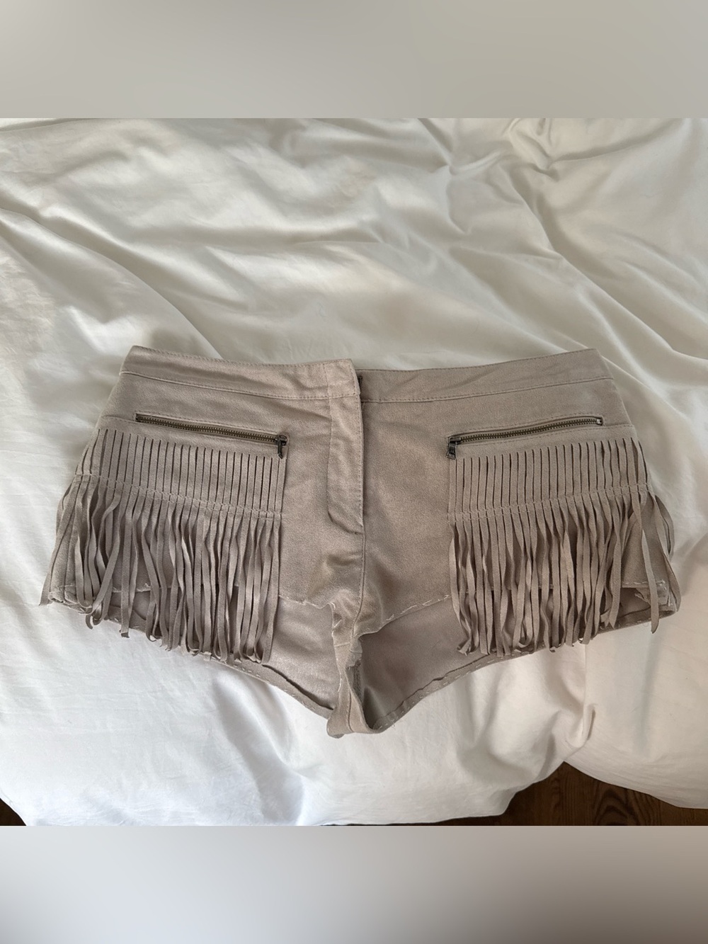 BCBGMaxAzria Taupe Fringe High-Waist Shorts